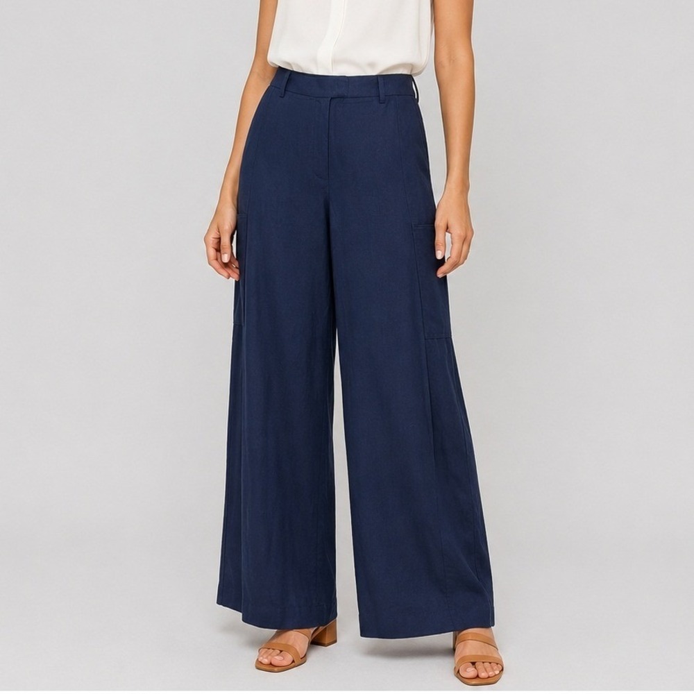 Halogen Belted Pleated High-Waist Wide-Leg Pant Size 16 Baritone Blue Pockets